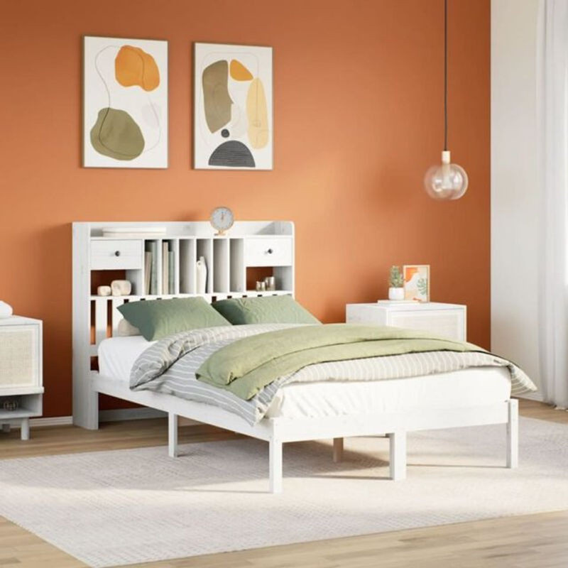 Massivholzbett Vidaxl aus Kiefer mit Regal in Weiß, Landhaus und Skandinavisch Stil, B/T/H: 135 x 190 cm - Bild 1