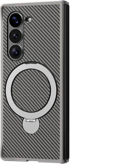 Stoßfeste Handyhülle aus Carbonfaser und Leder mit rotierender Halterung für Samsung Galaxy Z Fold 6, Z Fold 5 und Z Fold 4 5G in Schwarz und Grau - Bild 1