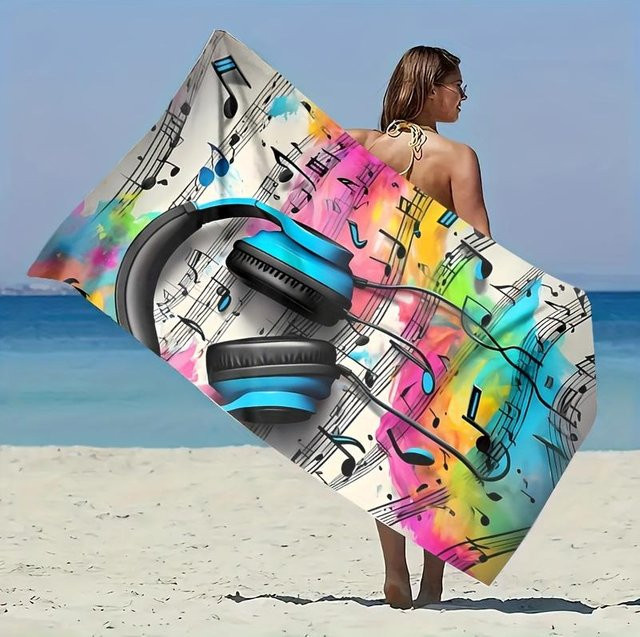 JMG Household Supplies Strandtuch mit Musik-Kopfhörer und bunten Noten, schnelltrocknend, B/B: 70 x 140 cm - Bild 1