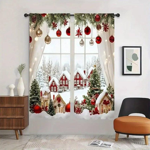 2er-Set rote Weihnachtsmuster Fenstergardinen mit Weihnachtskugeln, halbtransparent, Polyester, B/H: 50 x 130 cm - Bild 1