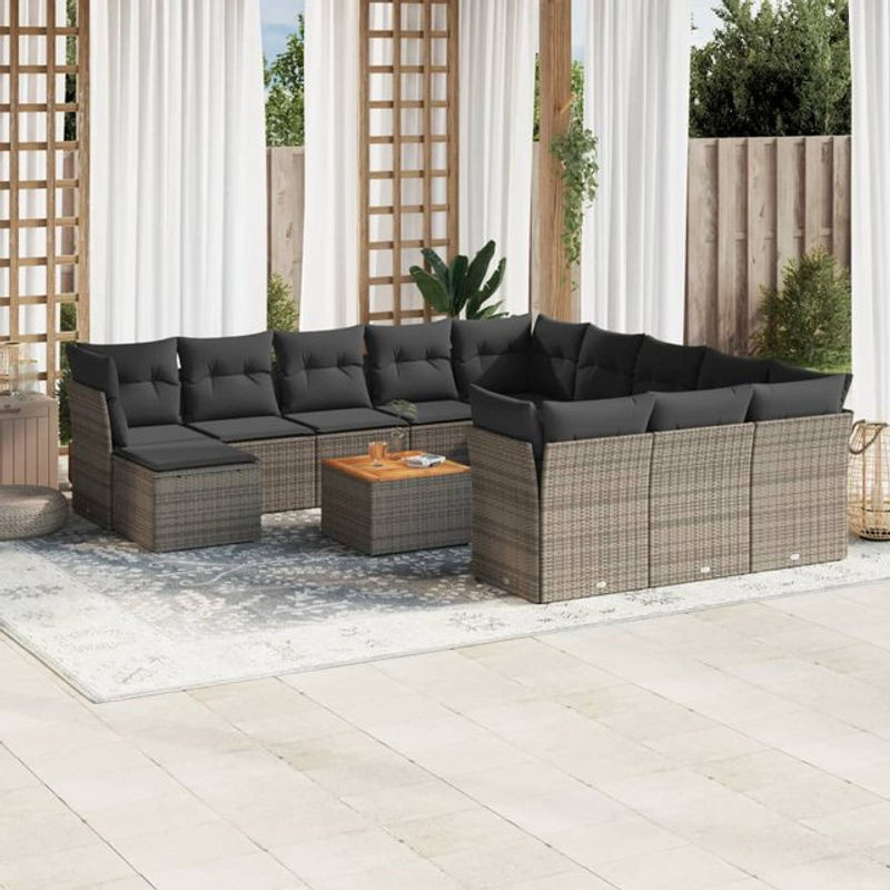 Vidaxl Gartenmöbel-Set aus Polyrattan und Akazie mit 13 Teilen und Kissen, Grau - Bild 1