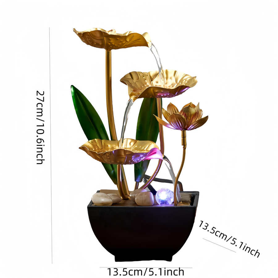 YC Direct Kleiner Zimmerbrunnen in Gold mit LED-Licht und USB-Anschluss als moderne Schreibtischdekoration - Bild 2