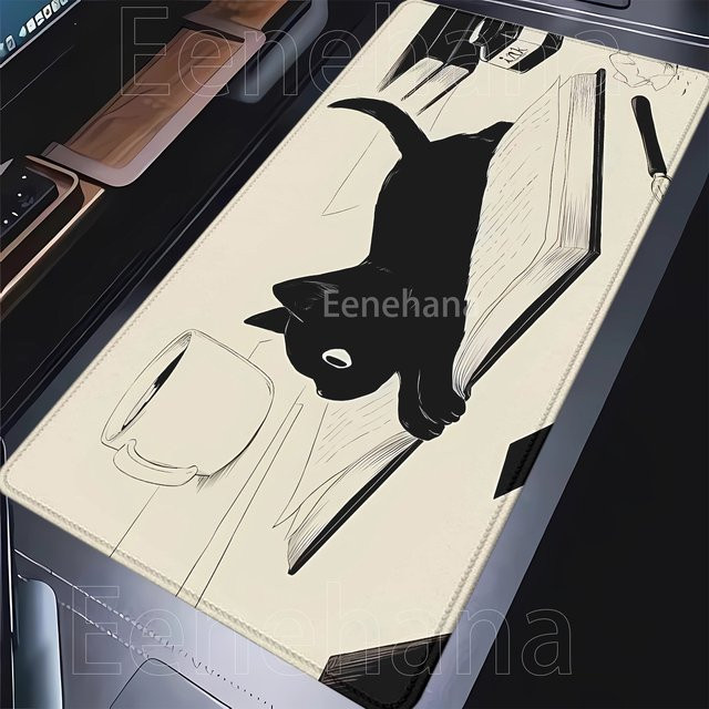 Riccu Anime-Mauspad mit schwarzer Katze in XXL, rutschfeste Schreibtischunterlage aus Gummi mit HD-Druck für Gaming und PC, schwarz/mehrfarbig - Bild 1