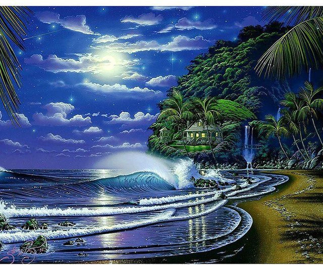 FIYO 5D DIY Diamantstickerei Mondschein Strand als abstrakte Landschaft in Grau und Blau, B/H: 30 x 20 cm - Bild 1