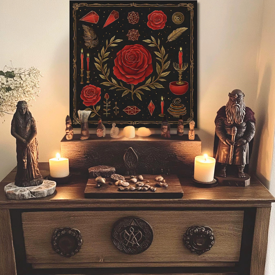 VIKAMA Gothic Tarot Tischdecke mit roter Rose und Kristall-Motiv in Rot - Bild 3
