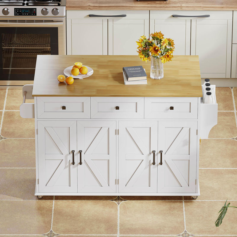 Kücheninsel TG Electrical DE im Scheunenstil mit klappbarer Arbeitsplatte, 4 Türen, 3 Schubladen und doppelseitigen Handtuchhaltern, Weiß und Natur, B: 140 cm, T: 43/70 cm, H: 90,5 cm - Bild 2