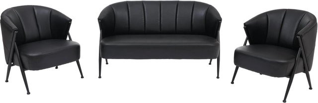 MCW Wohnzimmer-Set P30 im Vintage Retro Industrial Stil mit 2er-Sofa und 2 Sesseln aus Kunstleder und Metall in Schwarz - Bild 2