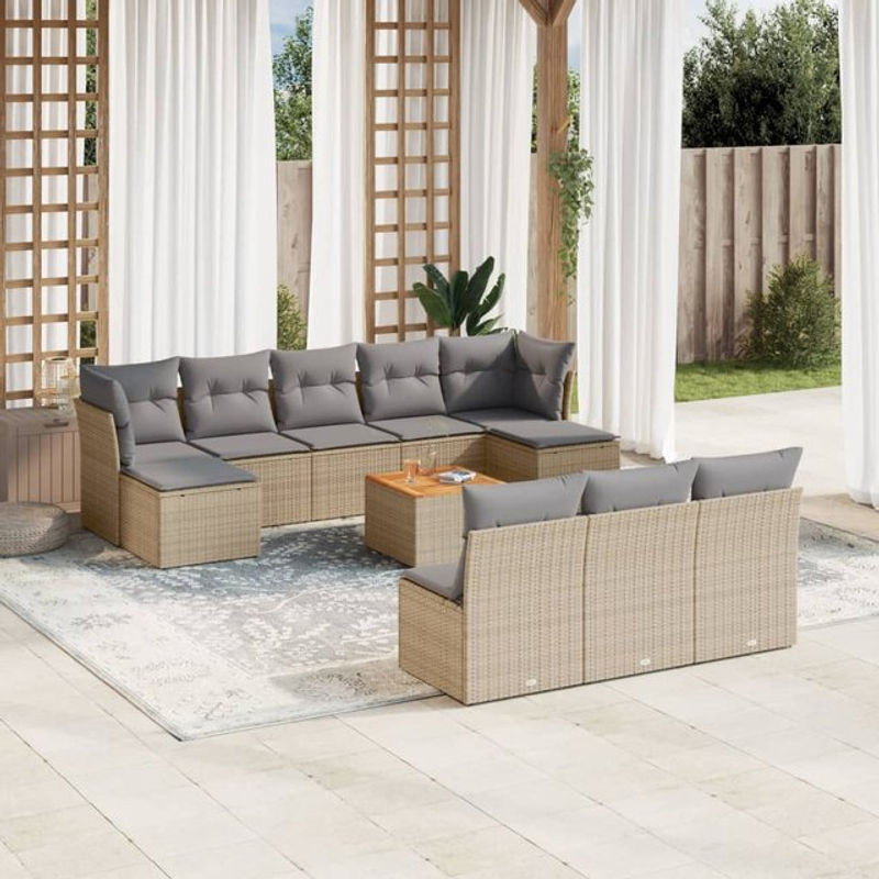 Vidaxl 11-teiliges Gartenmöbel-Set aus Rattan und Holz mit Kissen in Beige - Bild 1