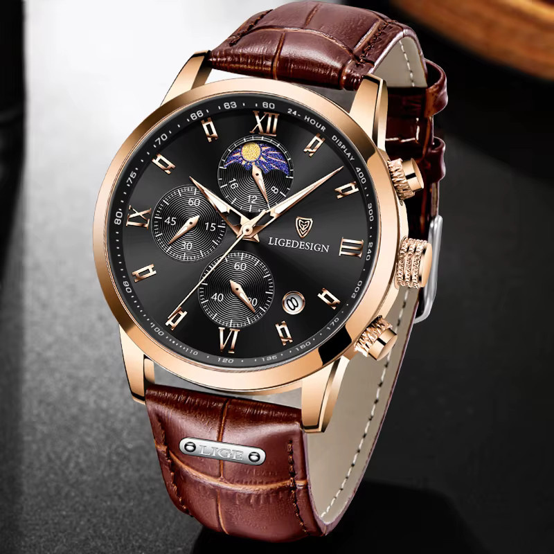 LIGE Armbanduhr Chronograph, Quarz, Leder, Schwarz, Roségold, Herren - Bild 3