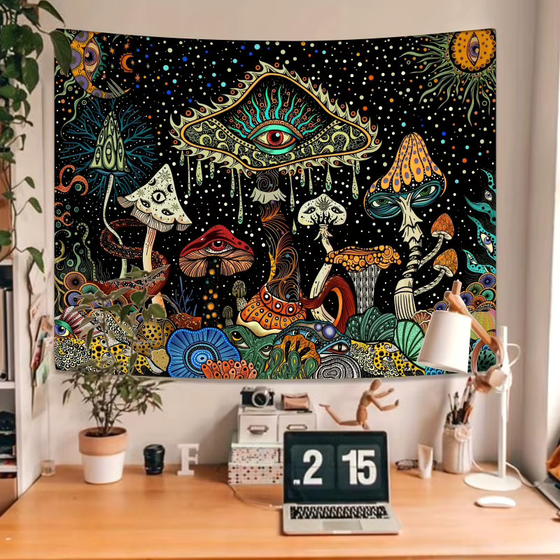 VIKAMA Psychedelic Realm Mushroom Wandteppich in Multicolour, Boho Wanddekoration mit floralem Design, Breite: 60 cm, Höhe: 40 cm - Bild 2
