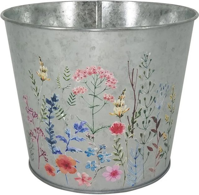 A.H.G. Übertopf aus Metall verzinkt rund mit Blumenaufdruck in Silber, Durchmesser: 19,5 cm, Höhe: 15,5 cm - Bild 1