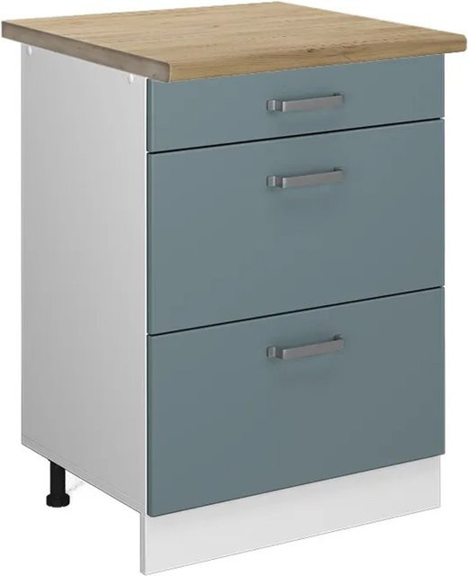 Vicco Küchenunterschrank R-Line in Blau-Grau und Weiß mit Eiche-Optik und Schubladen, B: 60 cm, H: 81,6 cm, T: 30,73 cm - Bild 1