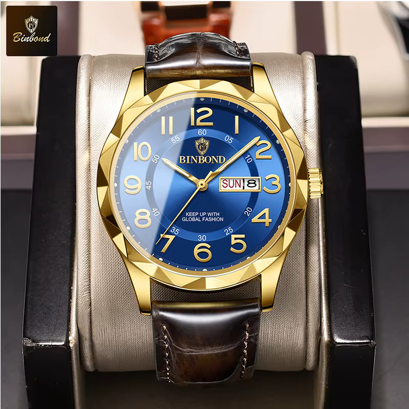 BINBOND Armbanduhr Quarz, Leder, Gold, Herren - Bild 2