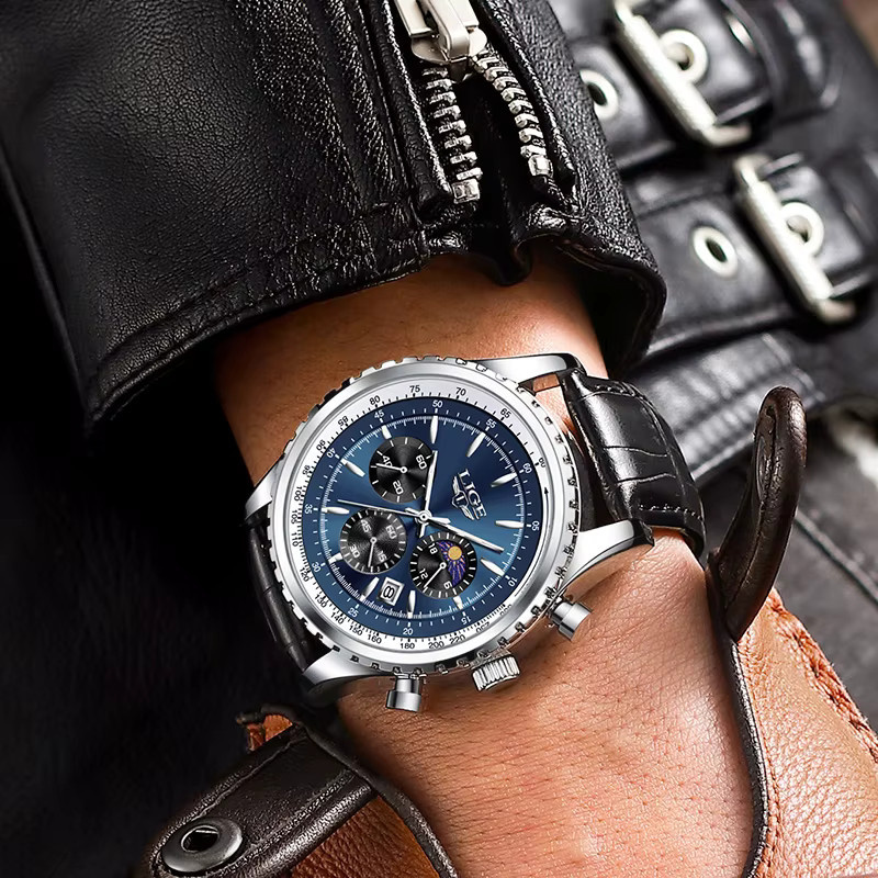 LIGE Armbanduhr, Quarz, Leder, Edelstahl, Blau, Herren - Bild 2