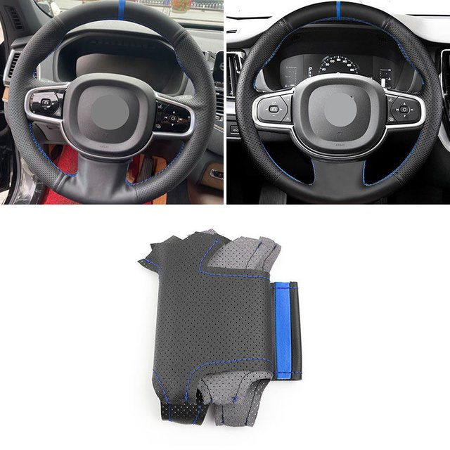 FOXSN Handgenähter Lenkrad-Lederbezug für Volvo S60 V60 XC60 S90 V90 XC90 (2016–2021) in Schwarz - Bild 1