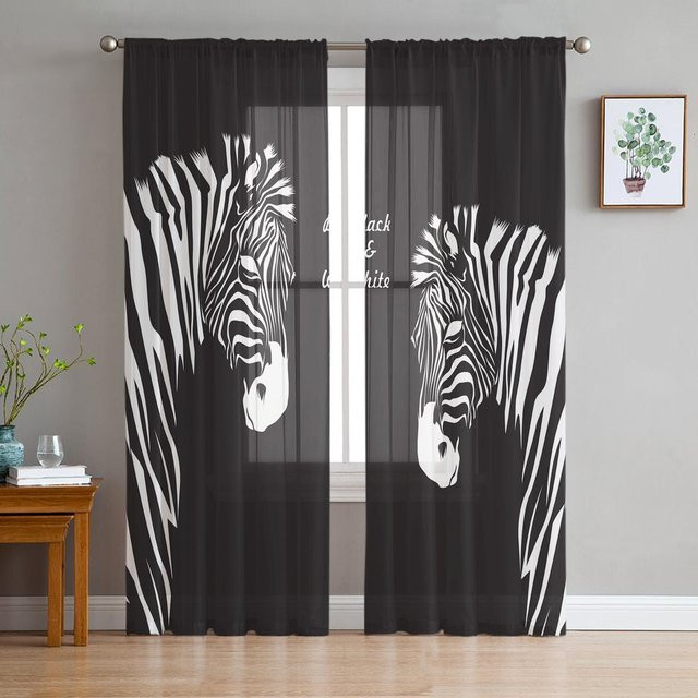 Nordisches Zebra Motiv Vorhang aus Tüll und Organza in Grau, Transparent mit Tier-Grafik für Wohnzimmer und Küche, Breite: 135 cm, Höhe: 115 cm - Bild 1