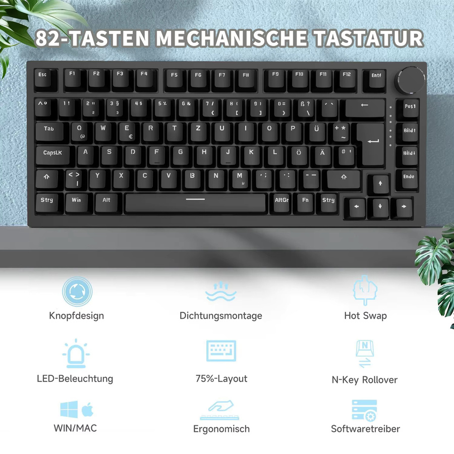 AJAZZ AK820 Mechanische Tastatur in Schwarz mit 82 Tasten, QWERTZ-Layout und Hot-Swap-Lautstärke-Drehknopf - Bild 4
