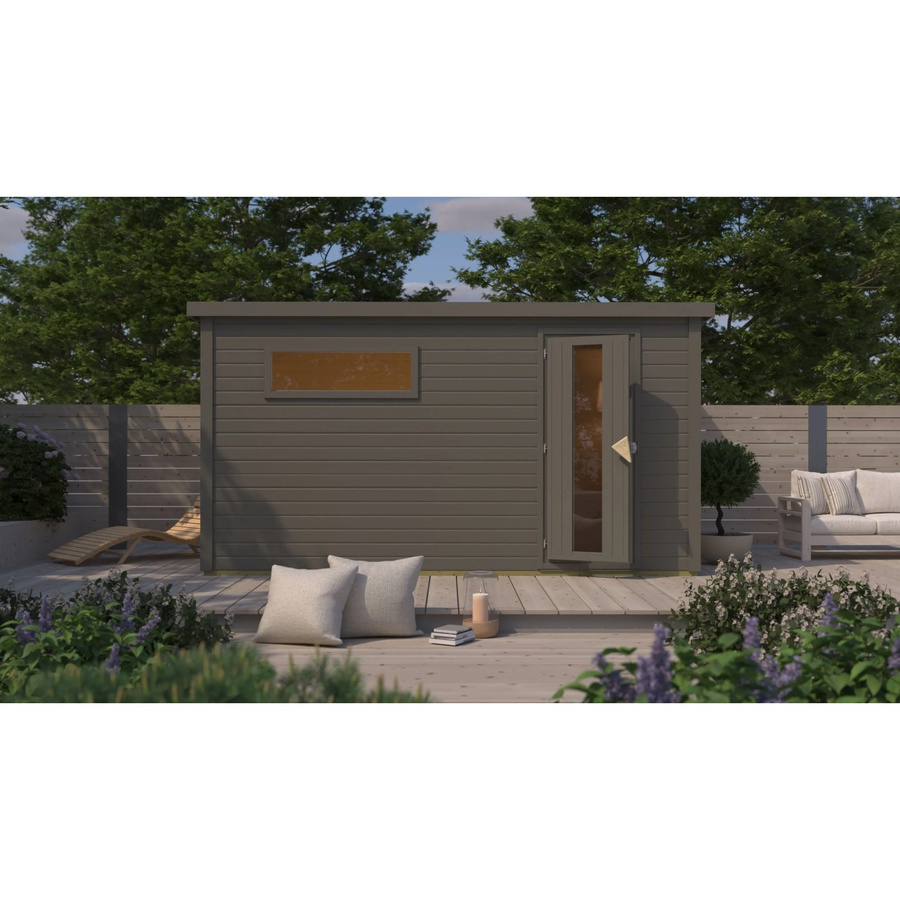 Karibu Saunahaus Arvi 6 in Terragrau mit 9 kW Ofen, Iso-Tür und integrierter Steuerung aus Fichte - Bild 2