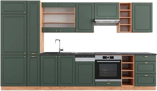 Vicco Fame-Line Küchenzeile Landhausstil in Grün-Gold und Anthrazit mit Eiche-Optik, Breite: 355 cm - Bild 1