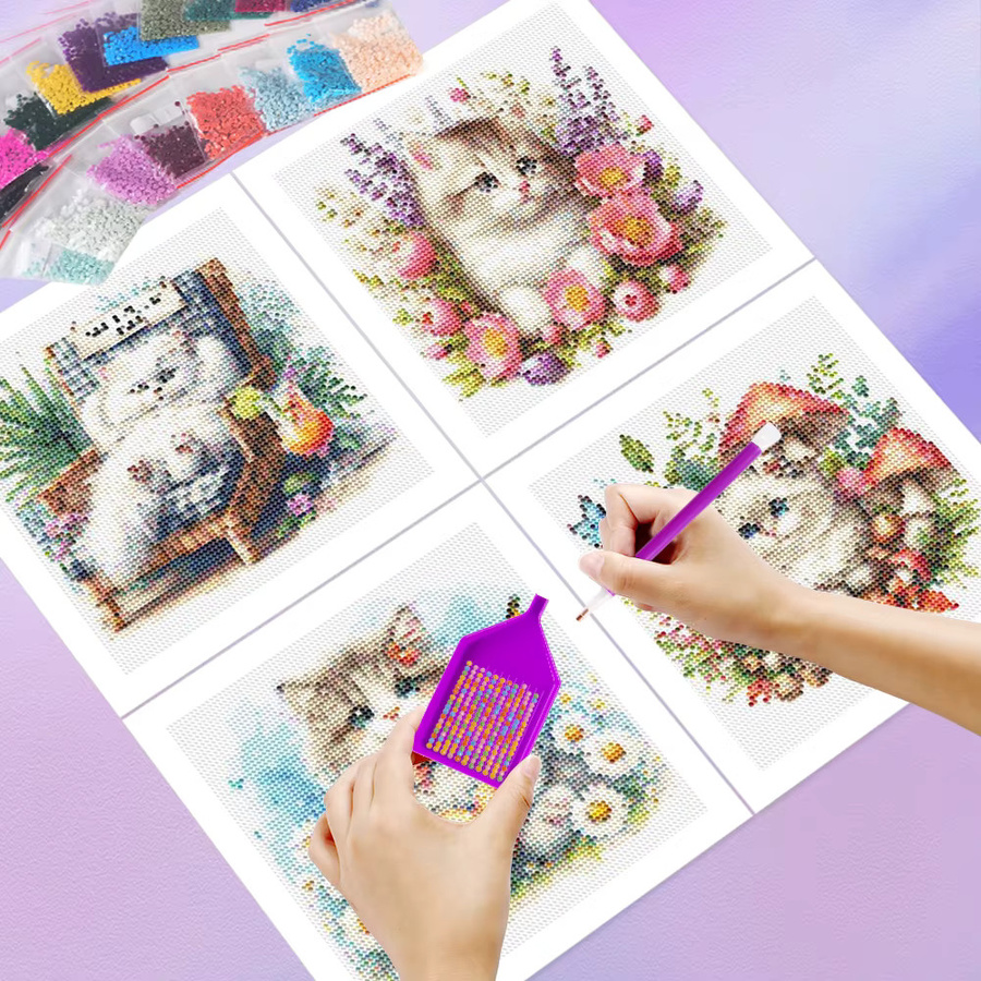 HUACAN 4er Set Diamantmalerei Katze und Blumen Mosaik-Tier-Bild mit runden Bohrern in Mehrfarbig, B/H: 20 x 20 cm - Bild 2