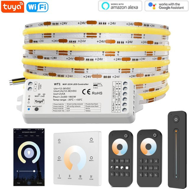 teopek COB LED Streifen 24V CCT mit Tuya Wifi Controller, Smart Life Alexa Google kompatibel, 608 LED/m, RA90, Weiß, inklusive 2,4G RF Touch Fernbedienung - Bild 1