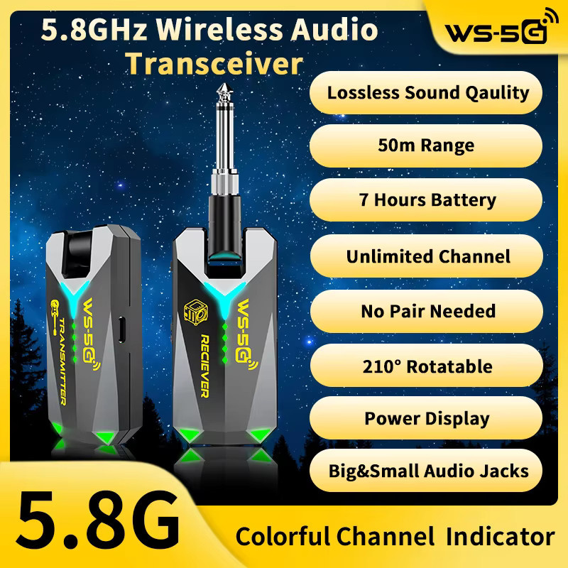 JAMJUM WS-5G 5,8GHz Kabelloser Audio-Sender und -Empfänger in Schwarz mit 3,5 mm und 6,35 mm drehbarem Anschluss - Bild 3