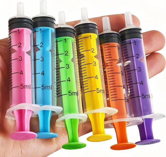 6/5 Stück farbige Spritzen 5ml für Flüssigkeitsdosierung und Klebstoff in Gelb, Blau, Lila, Grün und Orange - Bild 1