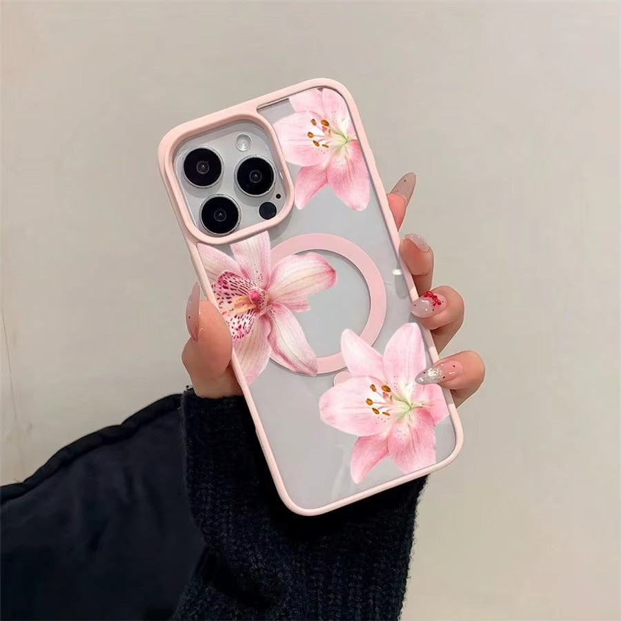 Magnetische iPhone Handyhülle mit rosa Blumenlilie-Orchideenmuster für Apple iPhone 17, 16, 15, 14, 13, 12, 11 und Pro Max Modelle in Pink und Schwarz - Bild 2