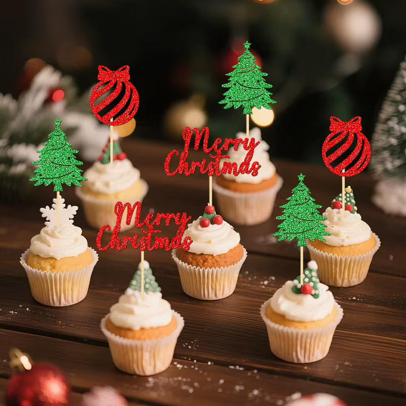 YOMDID 24 Stück Weihnachtskuchen-Dekorationen, glitzernde Cupcake-Topper für Weihnachten in Grün, Rot und Multicolour - Bild 4
