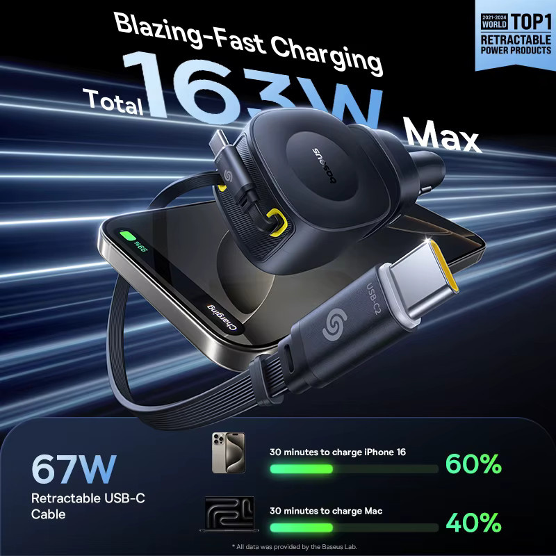 Baseus 100 W Autoladegerät mit PD QC Schnellladung, einziehbarem USB-C Kabel und 4 Anschlüssen, 450 Grad rotierbar, Schwarz - Bild 2