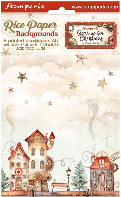Stamperia Motiv-Strohseide Backgrounds Gear up for Christmas in Multicolor, Format A6 - Bild 1