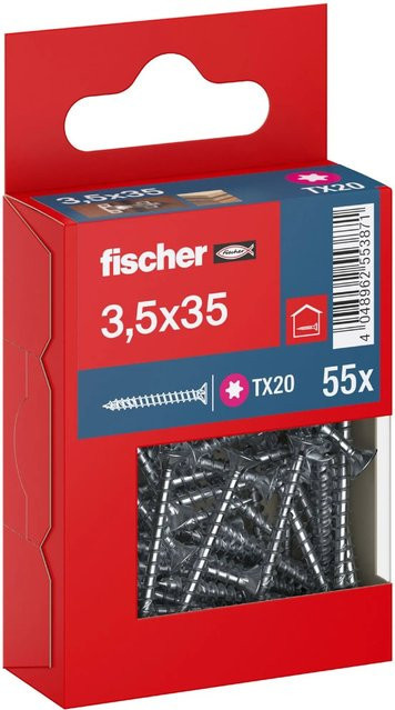 Fischer PowerFast II Senkkopf Schraube mit Torx-Antrieb und Vollgewinde, verzinkt, Farbe: Silber/Blau, Durchmesser: 3,5 mm, Länge: 35 mm, 55 Stück - Bild 1