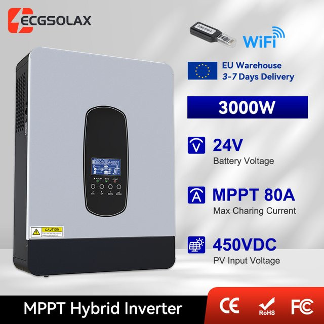 ECGSOLAX 3kW Hybrid-Solarwechselrichter 24V 230Vac mit 80A MPPT-Solarladeregler und max. 450VDC PV-Spannung - Bild 1