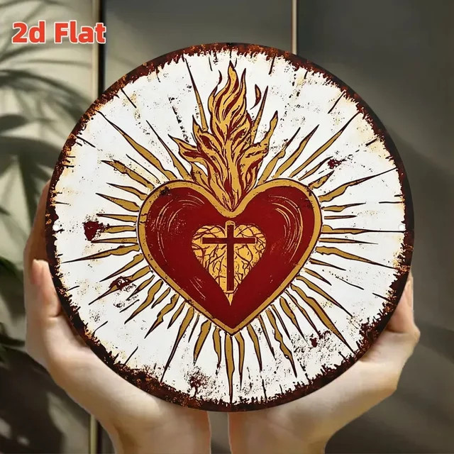 Aluminiumschild Potdemiel Heiliges Herz in Flammen im Vintage-Design in Gold und Rot - Bild 1