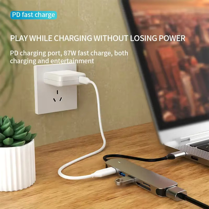 Basix USB-C-Hub Adapter in Grau mit 100 W PD Anschluss, 4K-Kompatibilität und SD-TF-Kartenleser für MacBook Air, iPad Pro und Smartphones - Bild 4