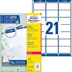 Avery Zweckform Adressetiketten L7160-100 mit ultragrip für Laserdrucker, weiß, B: 63,5 mm, H: 38,1 mm, 100 A4-Bögen - Bild 1