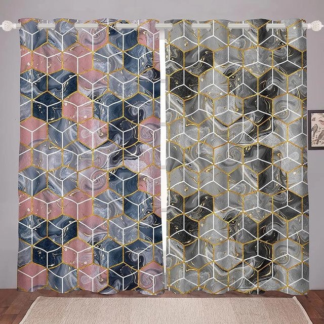 Yiran Furniture Vorhang Set mit Flüssigem Marmordruck in Schwarz und Gold aus Polyester, 2 Stück, B: 50 cm, H: 130 cm - Bild 1