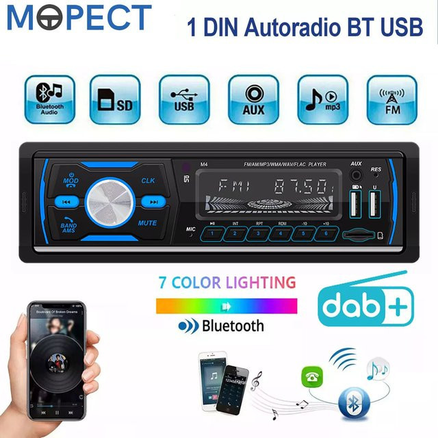 MOPECT MP3 Autoradio 1 DIN Stereo mit Bluetooth, USB, AUX, FM, AM, RDS und DAB Empfänger in Schwarz für VW, Porsche, Mercedes Benz und BMW - Bild 1