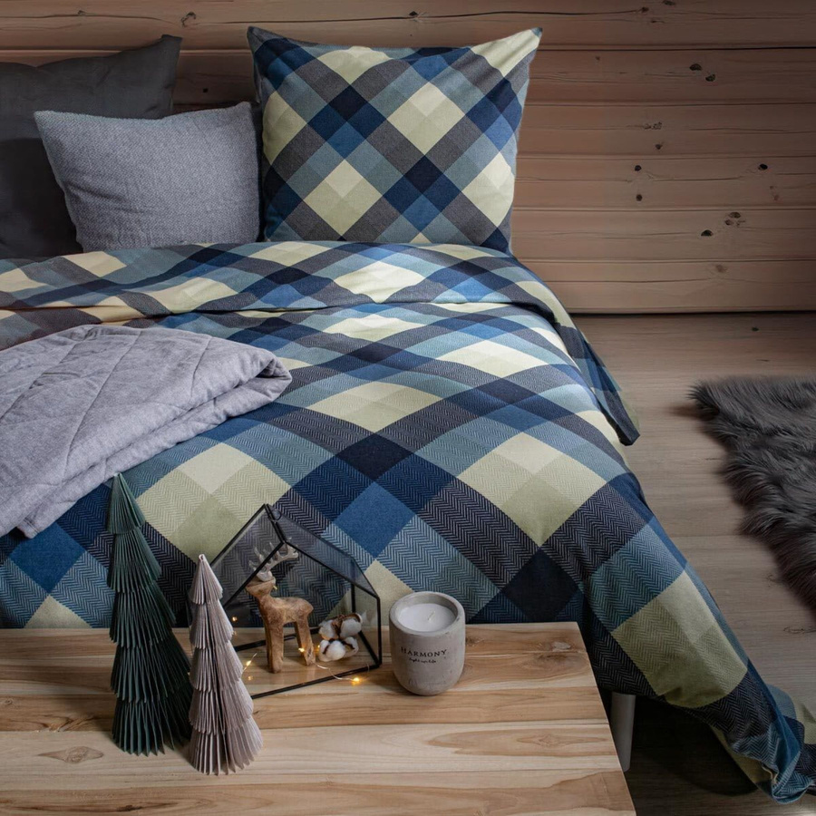 Fleuresse Aspen Biber Bettwäsche Karo Streifen Blau Grün Beige Baumwolle B/H: 135 x 200 cm mit Kissenbezug 80 x 80 cm - Bild 1