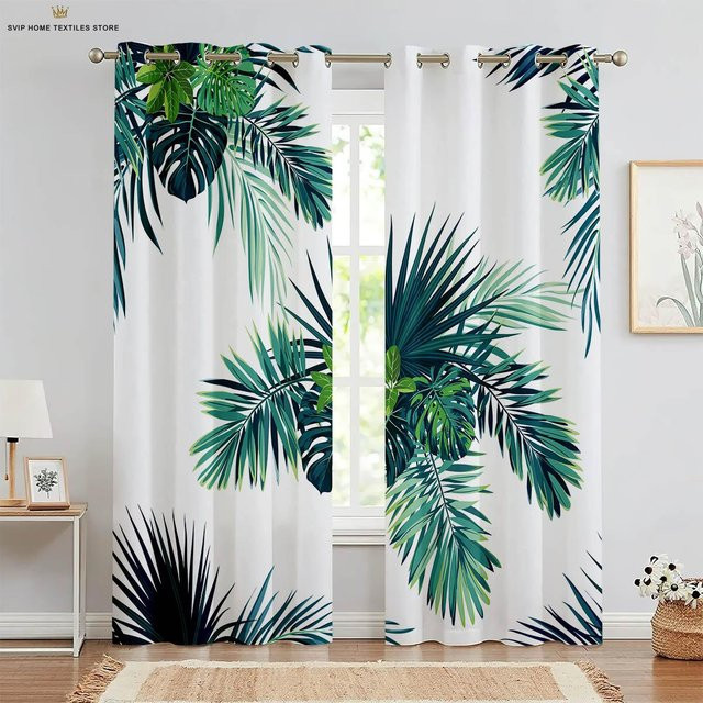 Yiran Furniture Vorhänge mit Blattdruck in tropischer Vegetation, 2er-Set, Weiß, Polyester, B: 50 cm, H: 160 cm - Bild 1