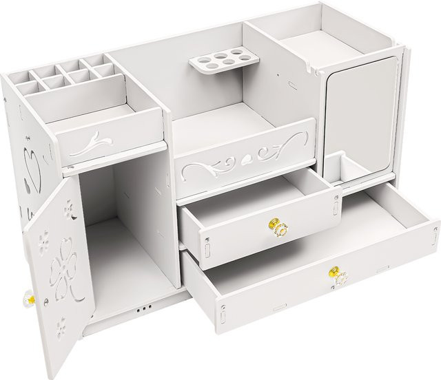 Bymaocar Kosmetik-Aufbewahrungsbox in Weiß mit Holzoptik, PVC-Organizer mit Spiegel und Schublade, B/T/H: 45 x 19 x 27 cm - Bild 1