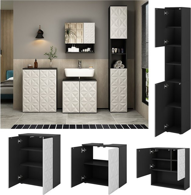 Vicco Badmöbel-Set Edge modern in Schwarz und Weiß, 4-teiliges Badezimmer-Set bestehend aus Spiegelschrank, Hochschrank, Waschbeckenunterschrank und Kommode - Bild 1