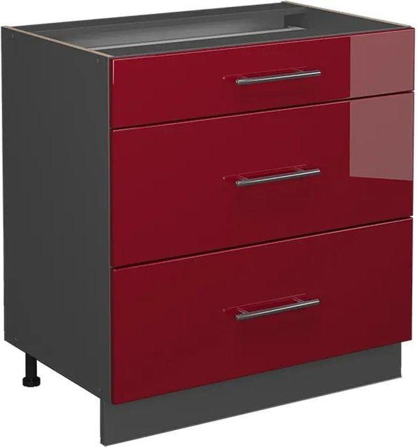 Vicco Küchenunterschrank Fame-Line Bordeaux Hochglanz Anthrazit mit 3 Soft-Close-Schubladen B/T/H: 80 x 60 x 82 cm - Bild 1