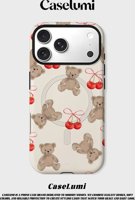 CaseLumi Matte Bumper MagSafe Hülle für iPhone 17 16 15 14 13 Pro Max mit Teddybären und Kirschen Design aus stoßfestem PC - Bild 1