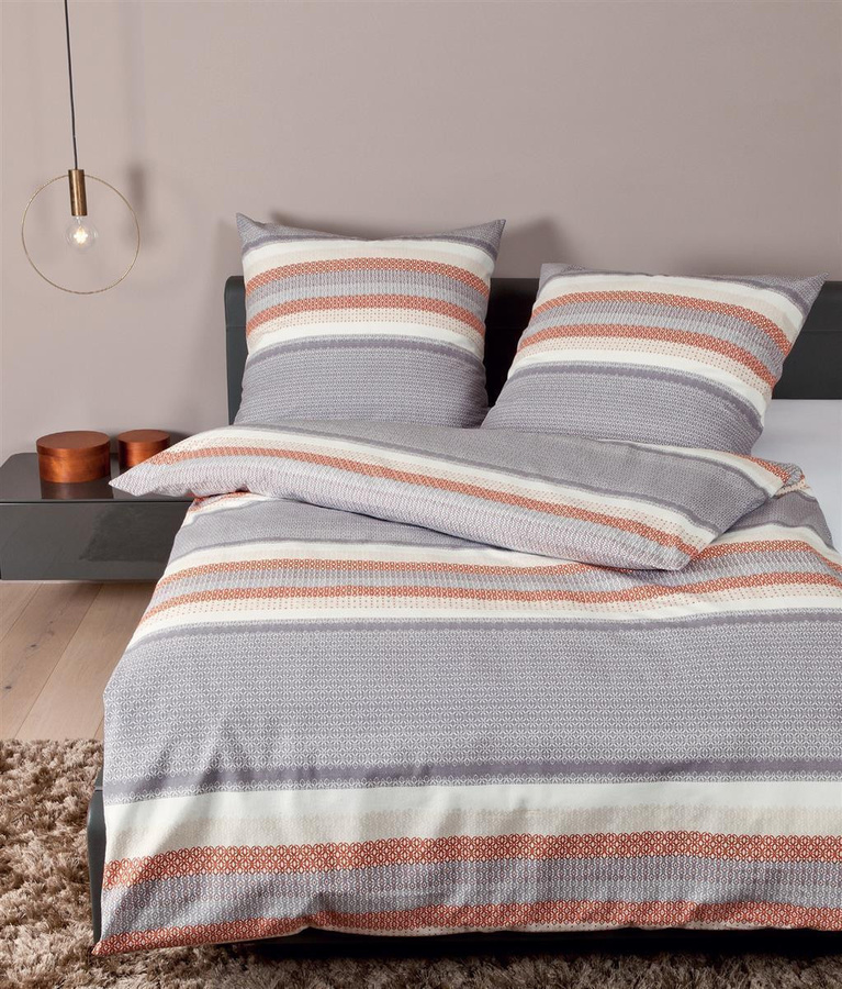 Janine Feinbiber Bettwäsche Davos aus Baumwolle mit Streifen in Rostorange, Grau und Beige, Set bestehend aus Bettbezug und Kissenbezug, B/H: 200 x 200 cm, Kissen: 80 x 80 cm - Bild 1