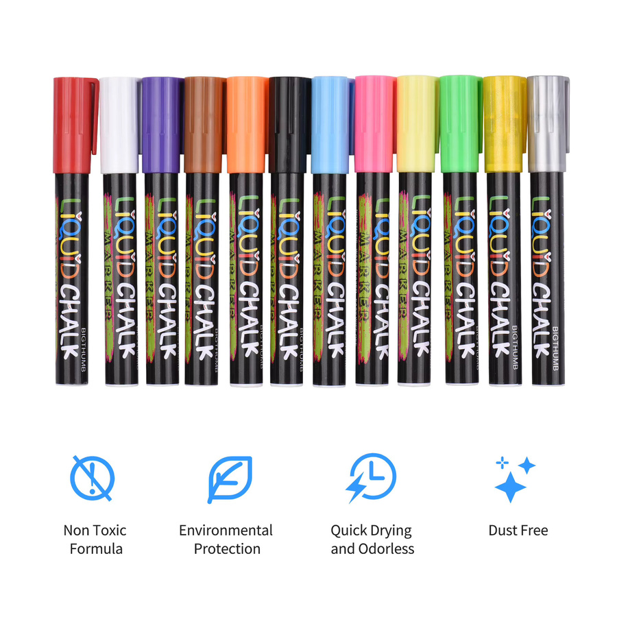 Aibecy Flüssigkreide-Marker mit 12 Farben und 3 mm umkehrbarer Spitze, wasserbasierte Markierungsstifte für Kreidetafeln, ungiftig und schnell trocknend, Multicolor - Bild 4
