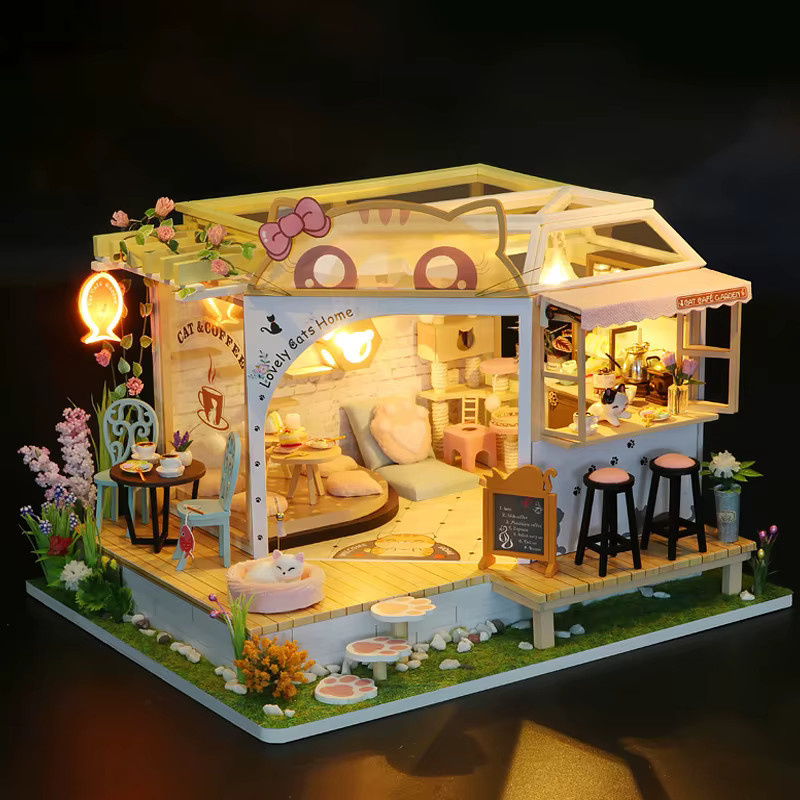 zuuton Holz Puppenhaus Katze Café, DIY Mini Haus Kit, mit Möbeln - Bild 5