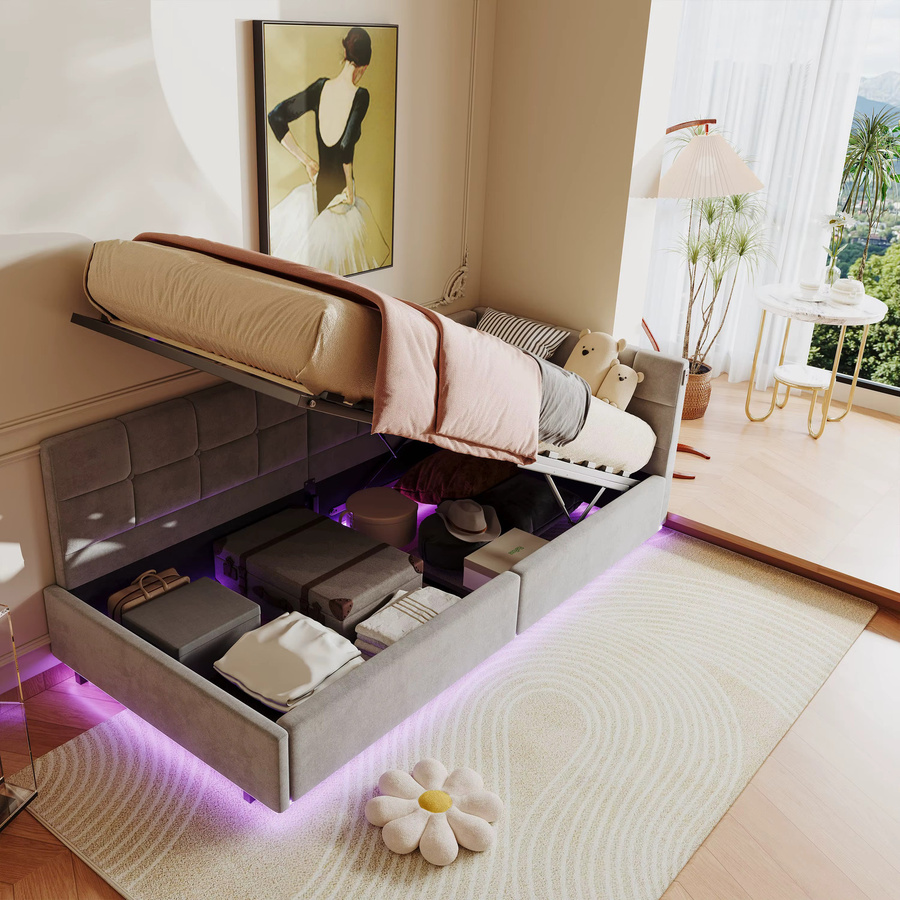 FEEOHOME Polsterbett Einzelbett mit LED und Stauraum, gepolstertes Funktionsbett aus Samt in Beige, B/T: 90 x 200 cm - Bild 3