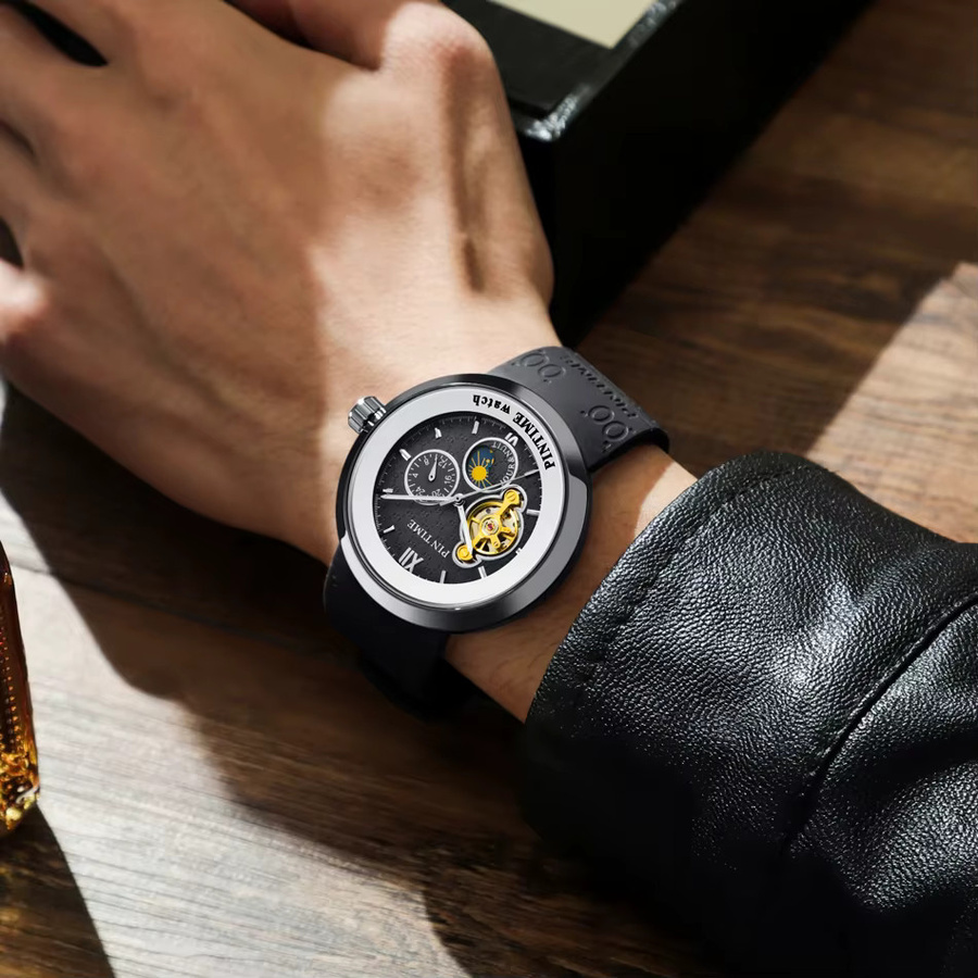 PINTIME Armbanduhr, Automatik, Schwarz, Edelstahl, Silikon, Herren - Bild 3