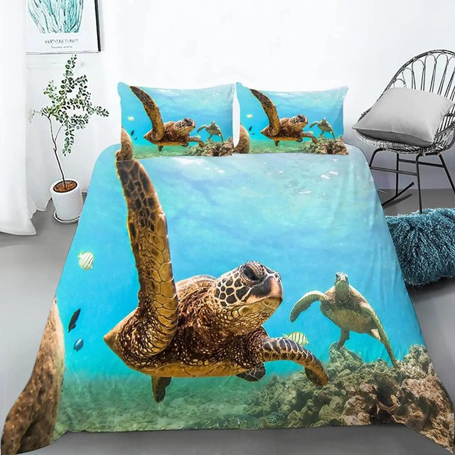 Meeresschildkröten Bettbezug Set King Size aus Polyester in Blau für Teenager, 3-teilig, B/H: 228 x 228 cm - Bild 1